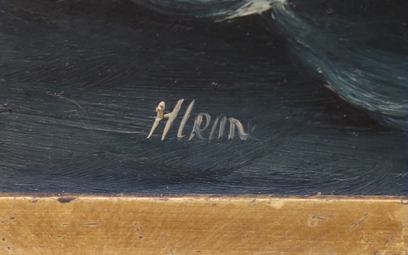 English School c.1900, oil on board, Portrait of the steamship Ashmore, indistinctly signed, 14 x 30cm